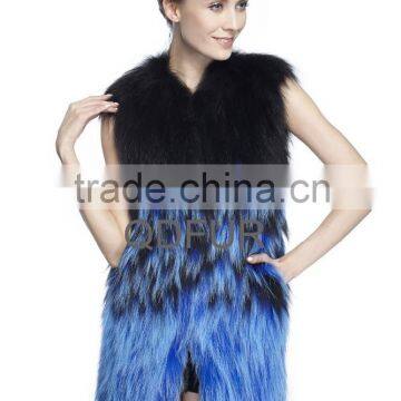 QD70909 Knitted Raccoon Dog Fur Vest Ombre Blue Color Korea Dress Fur Gilet