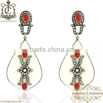 DIamond Pave Coral Enamel Earrings, 14k Gold 925 Silver Dangle Earrings Jewelry, Fashion Earrings Jewelry Wholesaler