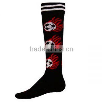 Knee high custom professional unique flaming ball soccer sock produced by sock knitting machine