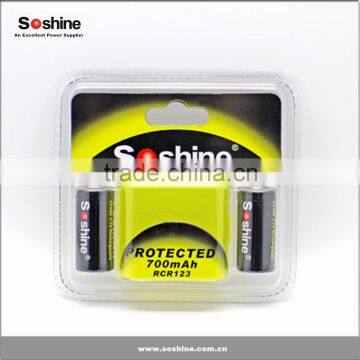 Soshine Li-ion RCR123 Battery Protected 700mAh 3.7V rechargeable battery 16340 battery