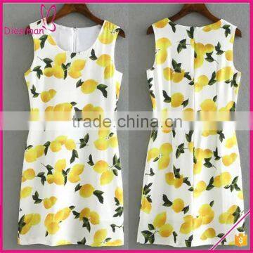 Lemon Print Round Collar Simple Sleeveless Dress Design