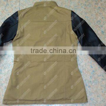 Khaki Denim Jacket With Leather Sleeves and Inside 100% Original DuPont Kevlar for Bike Ridding