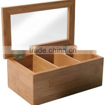 Chinese gongfu tea storage box Natural Living Bamboo 3 Compartment Tea Box with Clear Lid