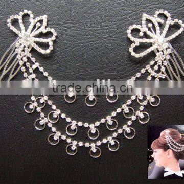 silver plated chain rhinestone double ladies hair combs,cheap rhinestone crystal hair comb