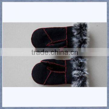 Factory Custom Unisex Black Kids Leather Fur Lined Glove with Rabbit Fur on Cuff