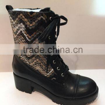 lace up with decorative patterns half leather boots for young woman