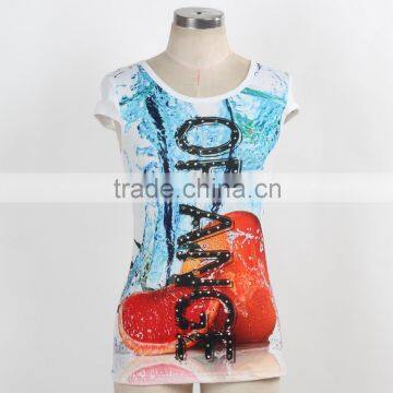 F5S10014 Printed O Neck Lady T Shirt Cotton Short Sleeve For Summer 2016