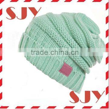 Custom Leather Patch Thick Slouchy Knit Beanie Cap Hat