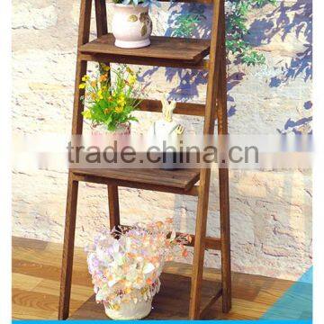 vintage brown folding wooden flower pot shelf with 3 floors