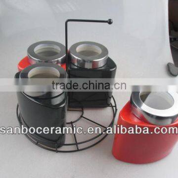 Coffee Tea Sugar Ceramic Storage Jar With Plastic Lid in Red & Black Color