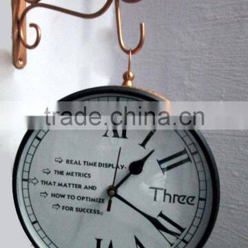 Copper color Metal decoration hanging Double side wall clock with artistic metal bracket