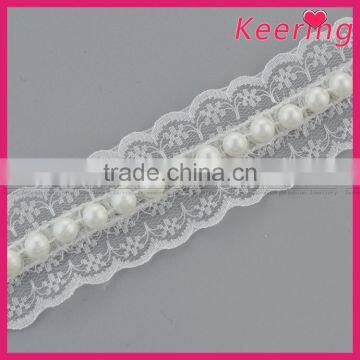 Hot sale charming bridal white pearl lace trim for wedding accessory WTPE-033