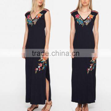 Boho Sleeveless Side Slit Maxi Plus Size Long Embroidered Dress HSd5179