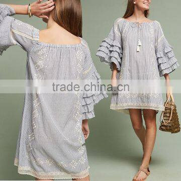 2017 Wome Clothing Dress Boho Ruffled Sleeves Embroidered Shift Names Of Girls Dress HSd5163