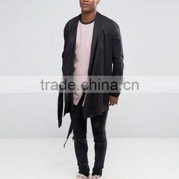 Plus Size Long Sleeve Open Front Self Tie Belt Mens Pre-Shrunk 100% Cotton Chinese Style Black Solid Color Shirts photo-4