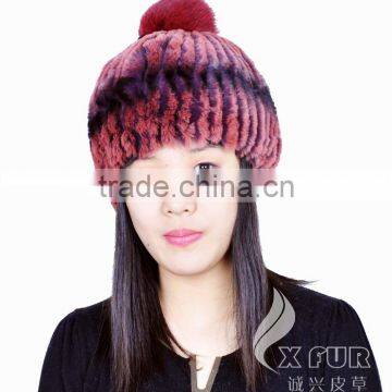 CX-C-58K Hand Knitted Genuine Rex Fur Beanie Hat With Fox Fur Ball photo-5