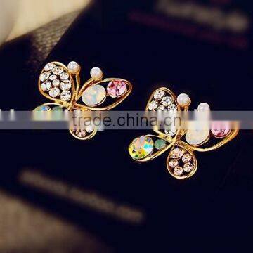 Girls Jewelry Pearls Butterfly Earrings,hollow Gold Stud Earring With Colorful Crystals photo-5