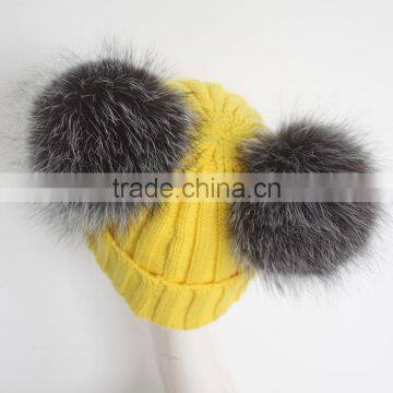 Myfur Yellow Color Wool Knitting Beanie Hat With Genuine Silver Fox Fur Pompoms