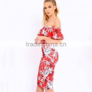 Best Sell Women Clothing off the Shoulder Floral Bodycon Midi Dresses photo-2