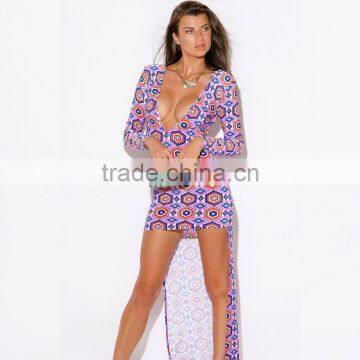 Geometry Print High Low Long Sleeve Maxi Club Cocktail Party Dresses photo-6