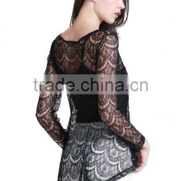 Women's New Style Black Sexy Lace Short Front Long Back Wavy Strip Two Piece Shirt photo-2