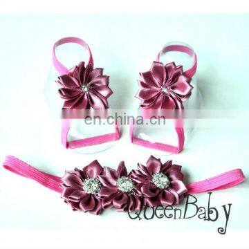 Baby Barefoot Sandals Satin Flower with thin Elastic Matching Headband