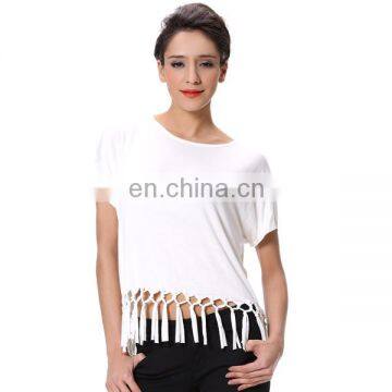 Tassel Design Short Sleeve Women Fashion Garment White Tops photo-4