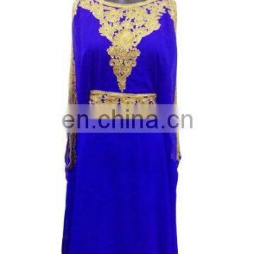 Golden Pattern Blue Wedding Party Wear High beaded Flower Pattern Farasha with Belt moroccan dress kaftan for sale