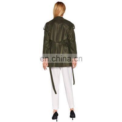 Army Green Lambskin Genuine Leather Motorcycle BlazarJacket With Belt for Women photo-4