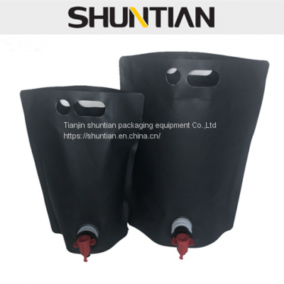 Custom printed food grade china manufacturer portable stand up wine pouch  with valve bib bag with black color