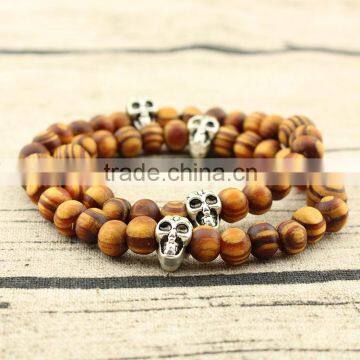 BRA0748 Fashion Natural Wood Beaded Skull Double Stretch Bracelet