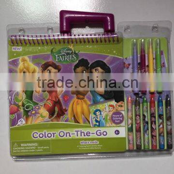 2015 new design drawing set kids coloring book with crayons and color pens with handle