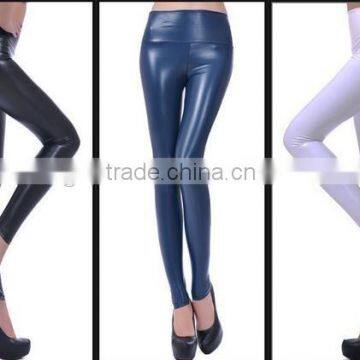 Latest Ladies candy color fashion skinny slim high waist PU imitation sheepskin leather leggings trousers