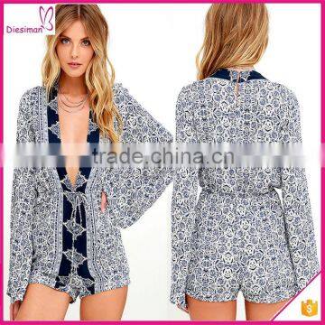 Ivory and Navy Blue Floral Print Romper Womens Playsuit