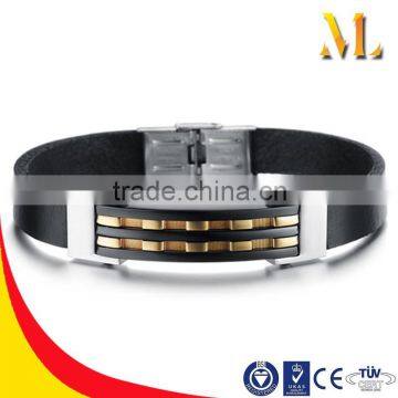 NSSL156 Double Ropes High Quality Heavy Men's Gold Black Stainless Steel Leather Bracelet