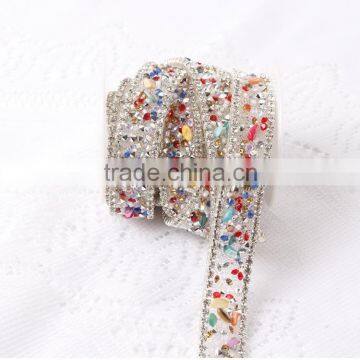 Colorful Nature stone,glass,rhinestone Iron On Pink Strip Chain For Decorations