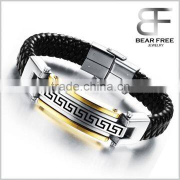 Mens Leather 316L Stainless Steel the Great Wall Fret Bangle Monogram Leather Cuff Bracelet Gold/ Silver