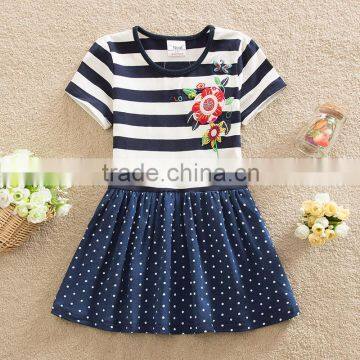 (SH5908) 4-8Y shortsleeve Neat girl dresses striped fancy dresses latest cotton frock designs kids embroidery dress wholesale