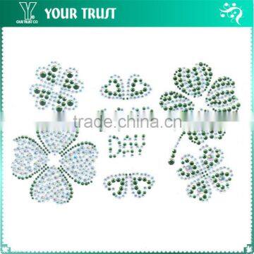 Forest Green Lucky Four Leaves Hot Fix Motif Iron On Rhinestone Transfer