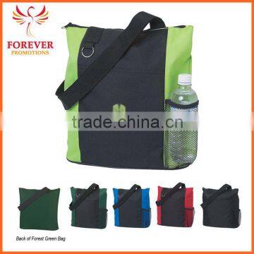 Chinese Supplier 14" Polyester Tote Bag With Zippered Top Closure Mesh Side And Front Pockets