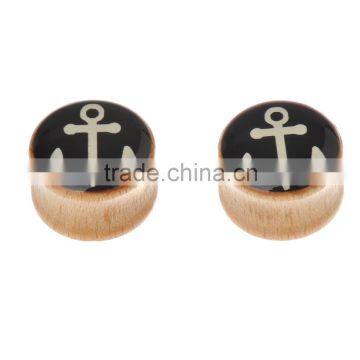 7 Pairs Wooden ear plug with white anchor on black background picture epoxy on the surface Available in Various Gauges.