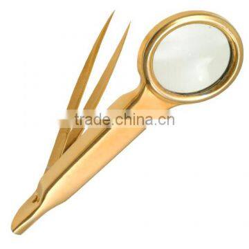 Full Gold Plated Eyebrow Tweezers Fine Point With Magnifier