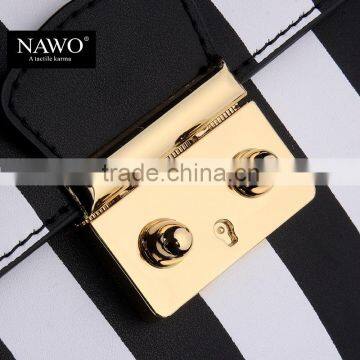 Striped Design Women Handbag Leather Tote Bag Lock Metal Buckle