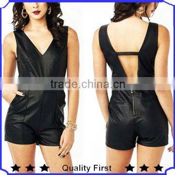 fashion non-stretchy faux leather rompers pants women sexy style