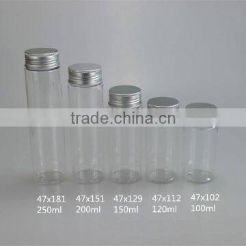 Stock 100ml 120ml 150ml 200ml 250ml transparent plastic bottles food grade cylindrical candy jar aluminum cap