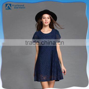 New designer short sleeve plain navy blue crochet lace one piece party dress