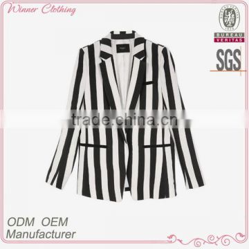 white/black stripe long sleeve women winter jacket with single buttoned