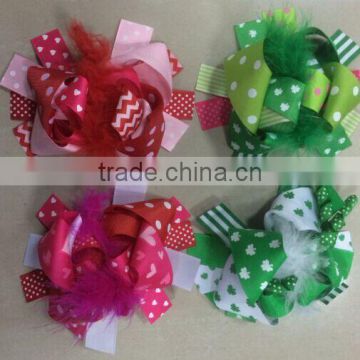 Valentine St.Patrick day 6inch hair bows with feather