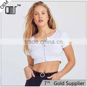 2017 OEM Simple Super Soft Ribbed Knit Cropped Button Down Blouse