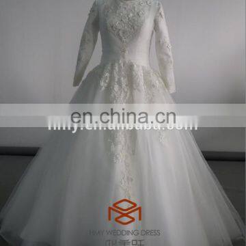 Muslim Wedding Dress HMY-D487 New Arrival Real Sample Floor length Beaded Lace Long Sleeves Muslim Wedding Gown